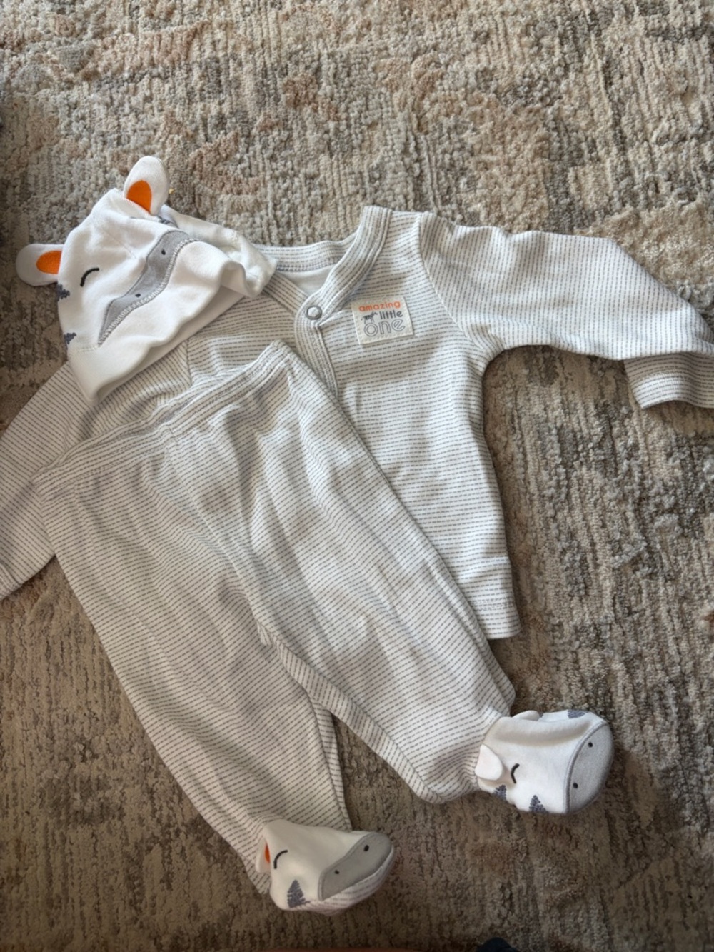 Carter's White and Light Gray Striped Footed One-Piece with Animal Hat